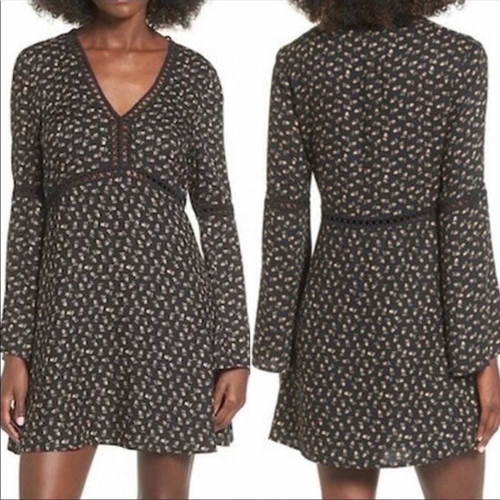 Wayf Black Floral Crochet Boho Bell Sleeve Dress